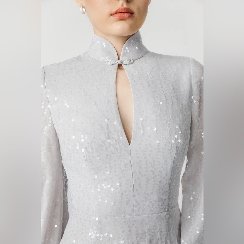 Sau Lee Bianca Mini Sequin and Feather Dress in Silver - Picture 5 of 14